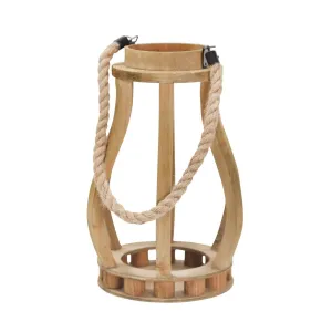 WOOD 13.75" LANTERN WITH ROPEHANDLE, BROWN