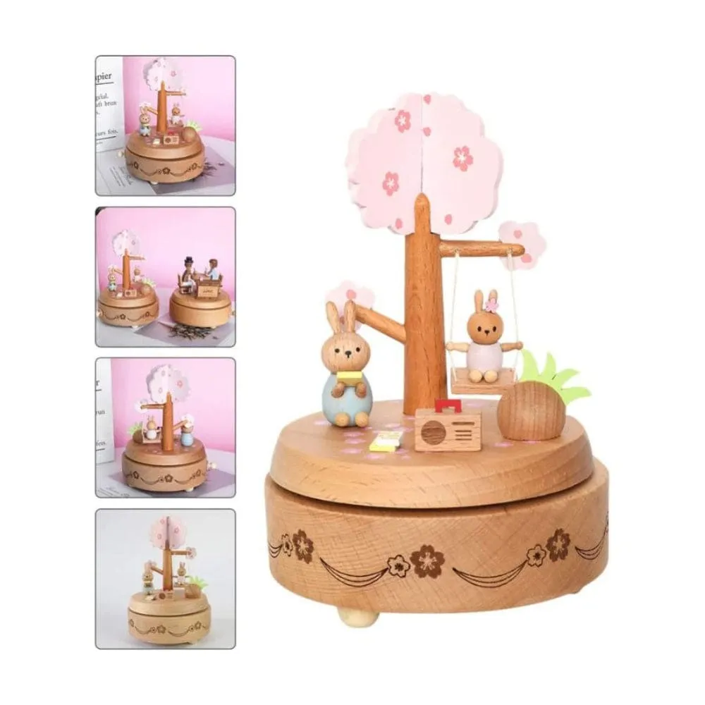 Wooden Bunny Windup Music Box, No Battery Home Wood Decor, Wooden Cute Rabbit Music Box Gift for Birthday Wedding Christmas