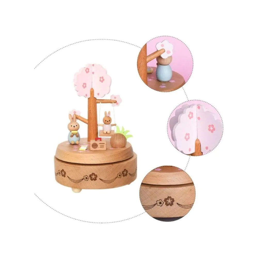 Wooden Bunny Windup Music Box, No Battery Home Wood Decor, Wooden Cute Rabbit Music Box Gift for Birthday Wedding Christmas