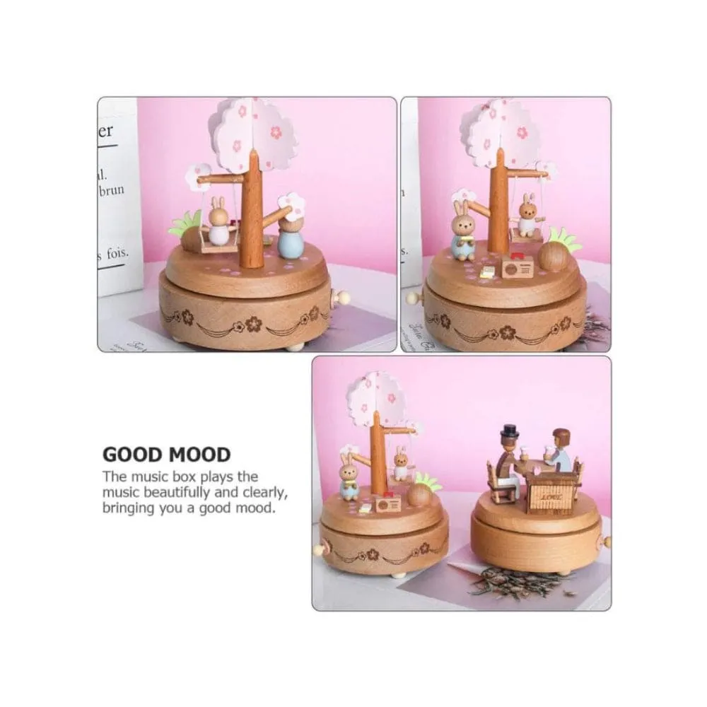 Wooden Bunny Windup Music Box, No Battery Home Wood Decor, Wooden Cute Rabbit Music Box Gift for Birthday Wedding Christmas