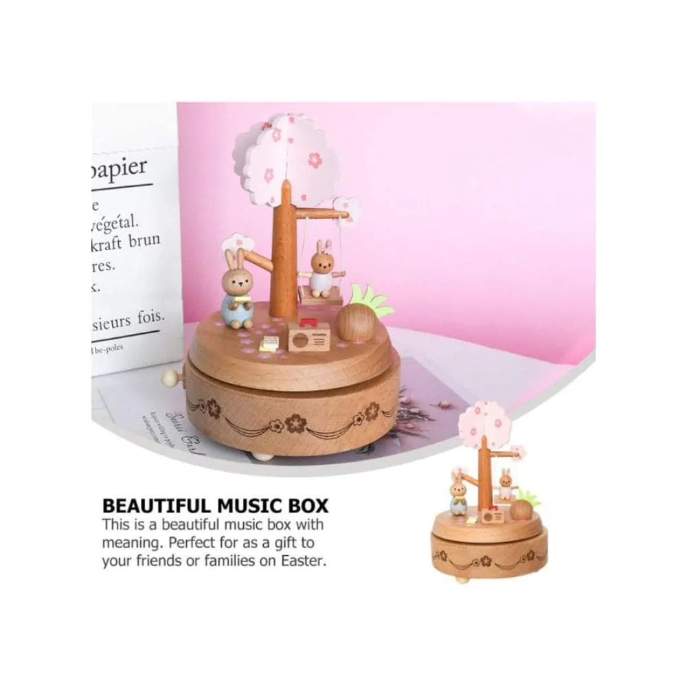 Wooden Bunny Windup Music Box, No Battery Home Wood Decor, Wooden Cute Rabbit Music Box Gift for Birthday Wedding Christmas