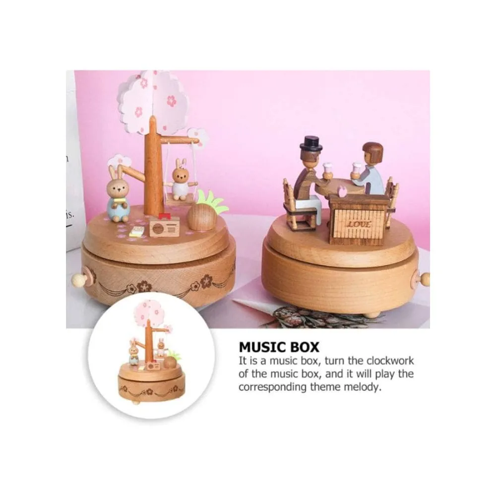 Wooden Bunny Windup Music Box, No Battery Home Wood Decor, Wooden Cute Rabbit Music Box Gift for Birthday Wedding Christmas